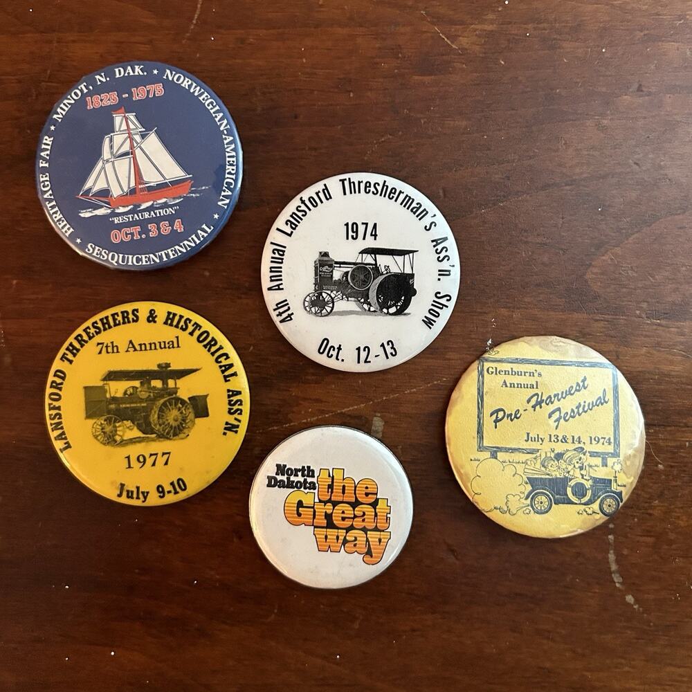 Vintage North Dakota Pinback Button Lot 1970s Festival Thresherman Lansford